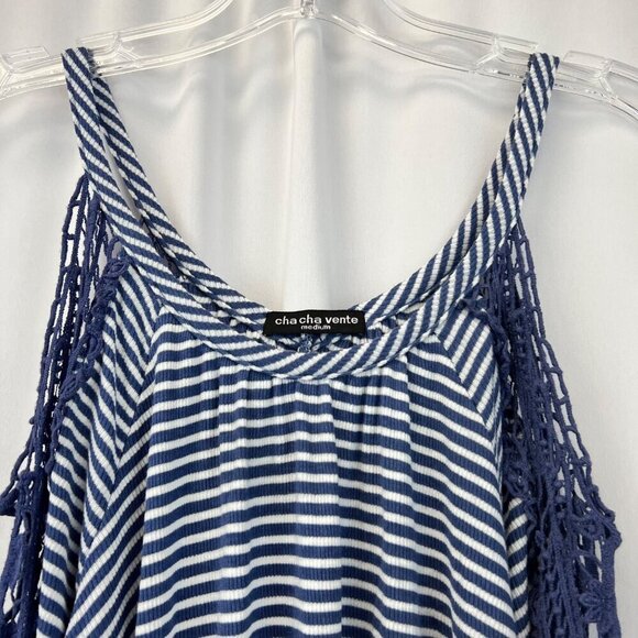 Cha Cha Vente Women’s Cold Shoulder Lace Trimmed Blue/White Striped Top M - Picture 3 of 9